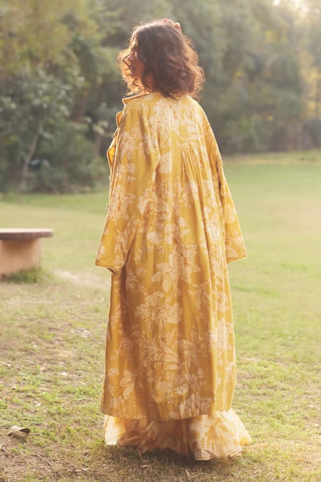 Shop_Paulmi And Harsh_Gold Chanderi, Cotton Beads Round Neck Yellow Peplum Palazzo Set _at_Aza_Fashions