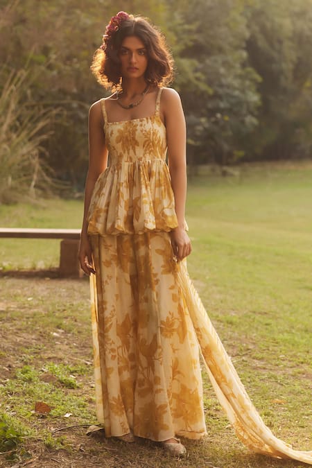Paulmi And Harsh_Gold Chanderi, Cotton Beads Round Neck Yellow Peplum Palazzo Set _Online_at_Aza_Fashions