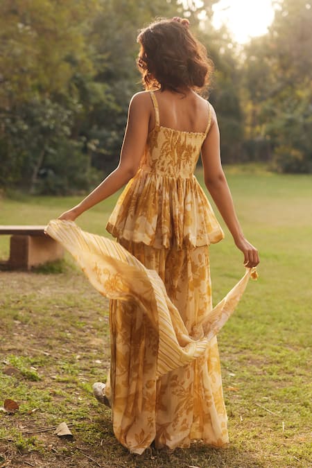 Buy_Paulmi And Harsh_Gold Chanderi, Cotton Beads Round Neck Yellow Peplum Palazzo Set _Online_at_Aza_Fashions