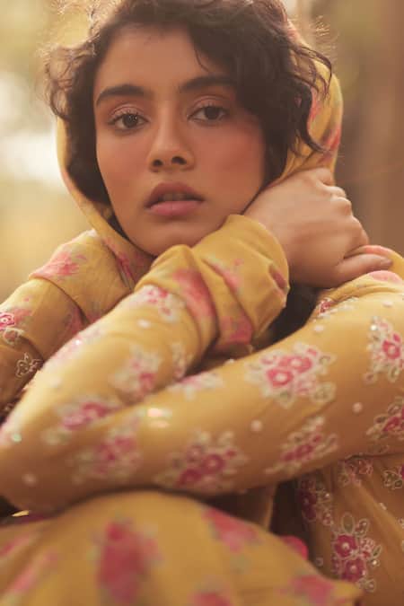 Paulmi And Harsh_Gold Chanderi, Cotton Beads, Embroidery Round Neck Floral Printed Anarkali Set _Online_at_Aza_Fashions