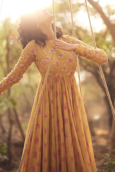 Shop_Paulmi And Harsh_Gold Chanderi, Cotton Beads, Embroidery Round Neck Floral Printed Anarkali Set _at_Aza_Fashions