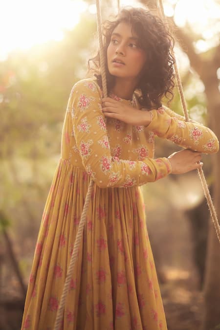 Buy_Paulmi And Harsh_Gold Chanderi, Cotton Beads, Embroidery Round Neck Floral Printed Anarkali Set _Online_at_Aza_Fashions