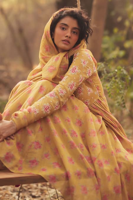 Shop_Paulmi And Harsh_Gold Chanderi, Cotton Beads, Embroidery Round Neck Floral Printed Anarkali Set _Online_at_Aza_Fashions