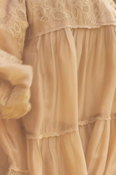 Paulmi And Harsh_Beige Silk Organza, Net Beads Collared Embroidered Short Dress _Online_at_Aza_Fashions