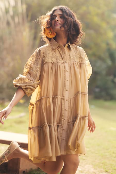 Buy_Paulmi And Harsh_Beige Silk Organza, Net Beads Collared Embroidered Short Dress _Online_at_Aza_Fashions