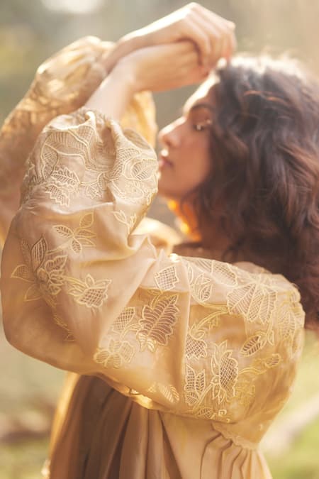 Shop_Paulmi And Harsh_Beige Silk Organza, Net Beads Collared Embroidered Short Dress _Online_at_Aza_Fashions