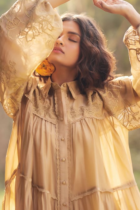 Paulmi And Harsh_Beige Silk Organza, Net Beads Collared Embroidered Short Dress _at_Aza_Fashions