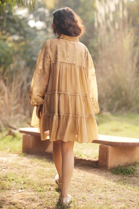 Shop_Paulmi And Harsh_Beige Silk Organza, Net Beads Collared Embroidered Short Dress _at_Aza_Fashions
