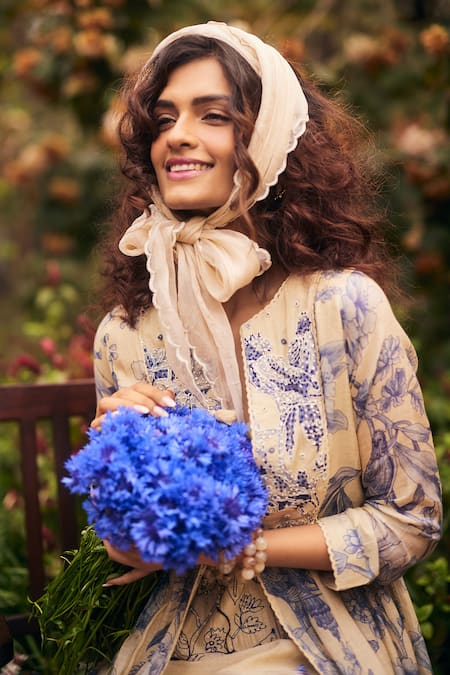Paulmi And Harsh_Multi Color Chanderi, Organza, Cotton Beads, Blue And White Printed Jacket Set _Online_at_Aza_Fashions