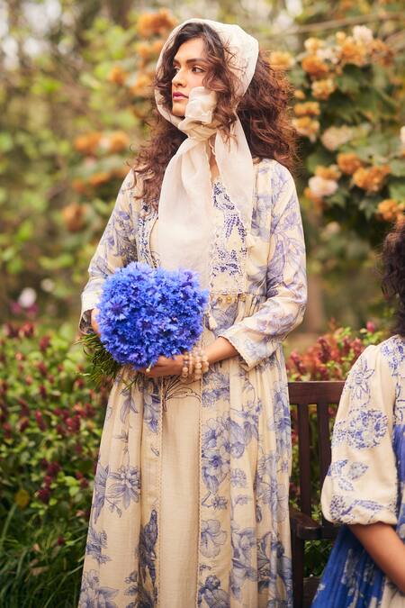 Buy_Paulmi And Harsh_Multi Color Chanderi, Organza, Cotton Beads, Blue And White Printed Jacket Set _Online_at_Aza_Fashions