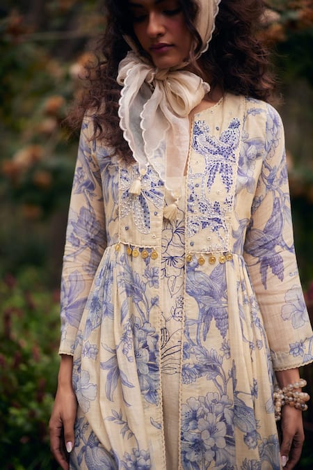 Shop_Paulmi And Harsh_Multi Color Chanderi, Organza, Cotton Beads, Blue And White Printed Jacket Set _Online_at_Aza_Fashions