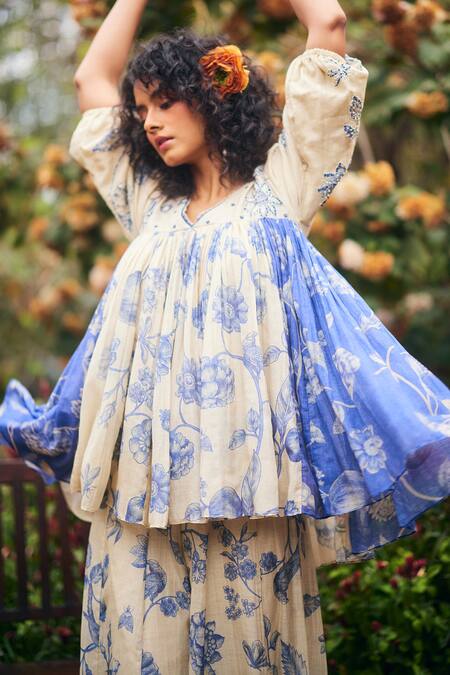 Buy_Paulmi And Harsh_Blue Cotton Embroidery V-neck Peplum Palazzo Set _Online_at_Aza_Fashions