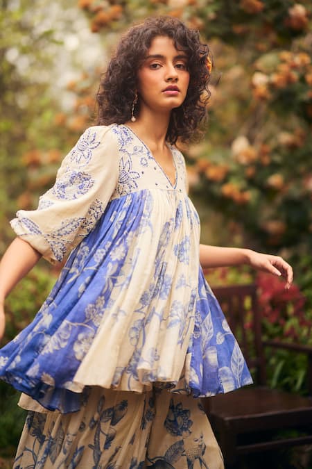 Shop_Paulmi And Harsh_Blue Cotton Embroidery V-neck Peplum Palazzo Set _Online_at_Aza_Fashions