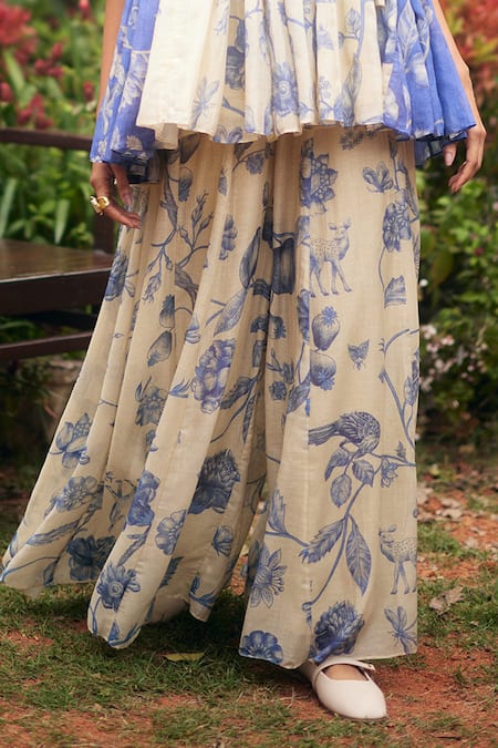 Paulmi And Harsh_Blue Cotton Embroidery V-neck Peplum Palazzo Set _at_Aza_Fashions