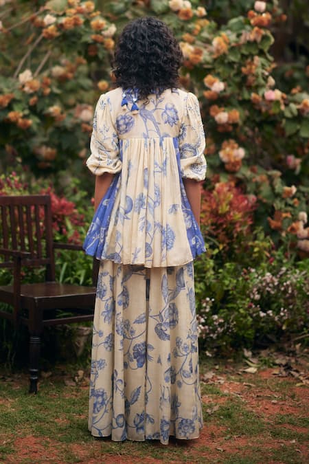 Shop_Paulmi And Harsh_Blue Cotton Embroidery V-neck Peplum Palazzo Set _at_Aza_Fashions