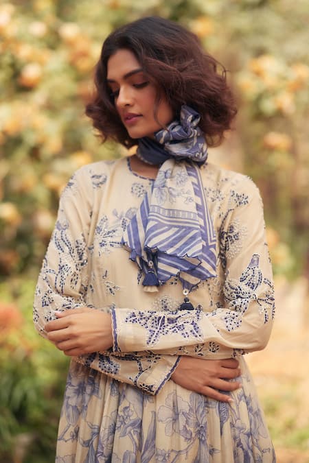 Paulmi And Harsh_Blue Cotton Embroidery Round Neck And Ivory Floral Maxi Dress _Online_at_Aza_Fashions