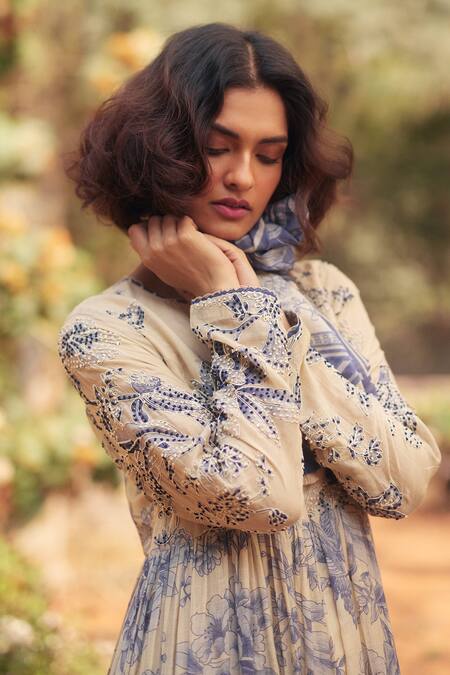 Buy_Paulmi And Harsh_Blue Cotton Embroidery Round Neck And Ivory Floral Maxi Dress _Online_at_Aza_Fashions