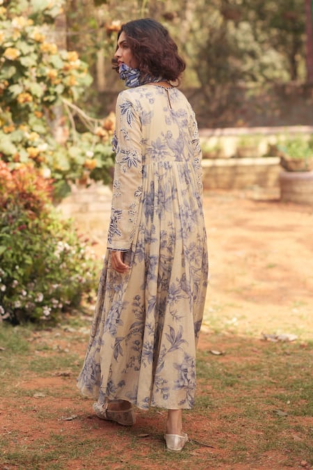 Shop_Paulmi And Harsh_Blue Cotton Embroidery Round Neck And Ivory Floral Maxi Dress _at_Aza_Fashions