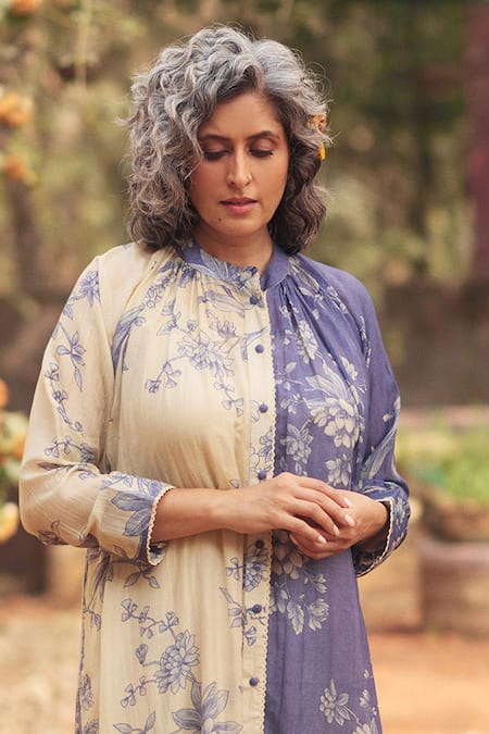 Paulmi And Harsh_Blue Chanderi, Cotton Lace Open Neck Printed Kurta Set With Scarf _Online_at_Aza_Fashions