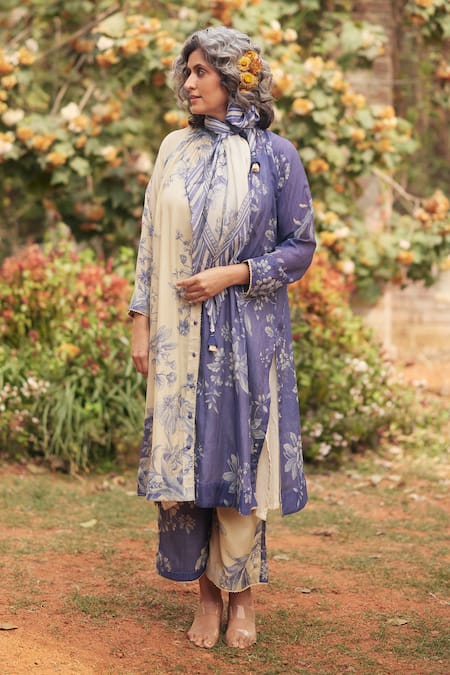 Shop_Paulmi And Harsh_Blue Chanderi, Cotton Lace Open Neck Printed Kurta Set With Scarf _Online_at_Aza_Fashions