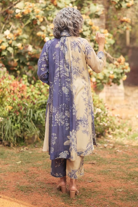Shop_Paulmi And Harsh_Blue Chanderi, Cotton Lace Open Neck Printed Kurta Set With Scarf _at_Aza_Fashions