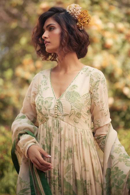 Paulmi And Harsh_Ivory Cotton Embroidery V-neck Floral Anarkali With Dupatta _Online_at_Aza_Fashions