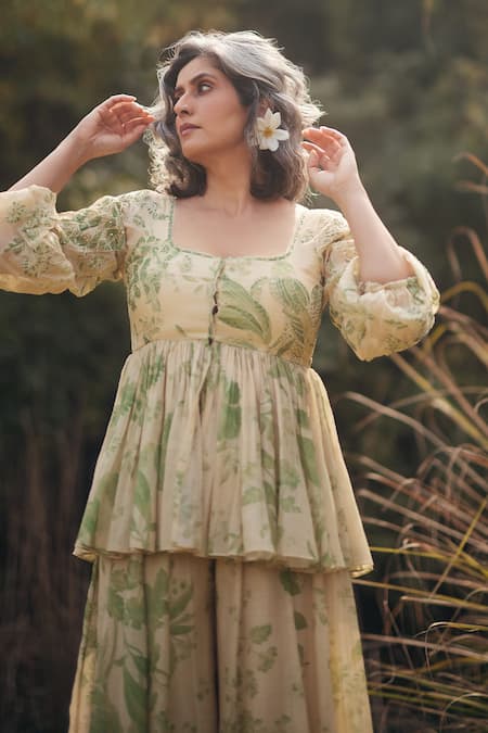 Paulmi And Harsh_Ivory Cotton Embroidery, Tassels Square Neck Peplum Kurta Set  _Online_at_Aza_Fashions
