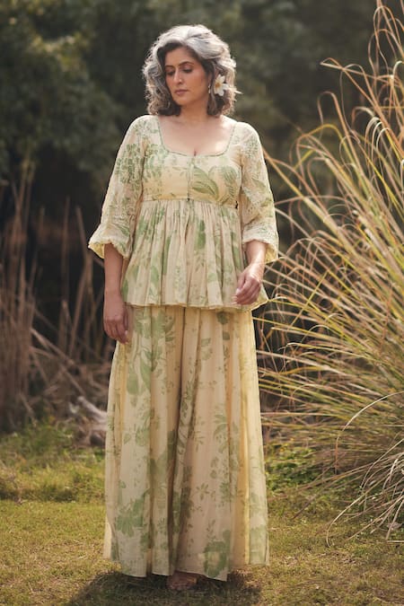 Paulmi And Harsh_Ivory Cotton Embroidery, Tassels Square Neck Peplum Kurta Set  _at_Aza_Fashions