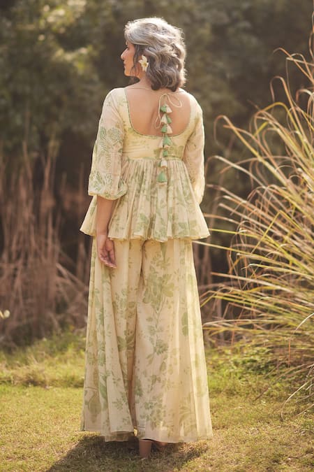 Shop_Paulmi And Harsh_Ivory Cotton Embroidery, Tassels Square Neck Peplum Kurta Set  _at_Aza_Fashions