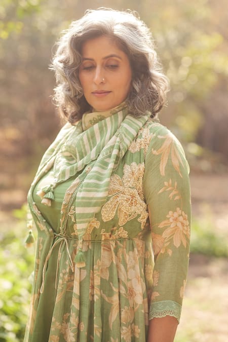 Buy_Paulmi And Harsh_Green Chanderi, Cotton Beads, Tassels, Embroidery Forest Printed Jacket Set _Online_at_Aza_Fashions
