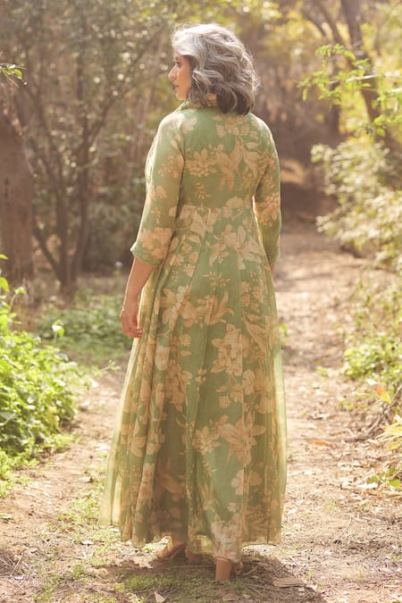 Shop_Paulmi And Harsh_Green Chanderi, Cotton Beads, Tassels, Embroidery Forest Printed Jacket Set _at_Aza_Fashions