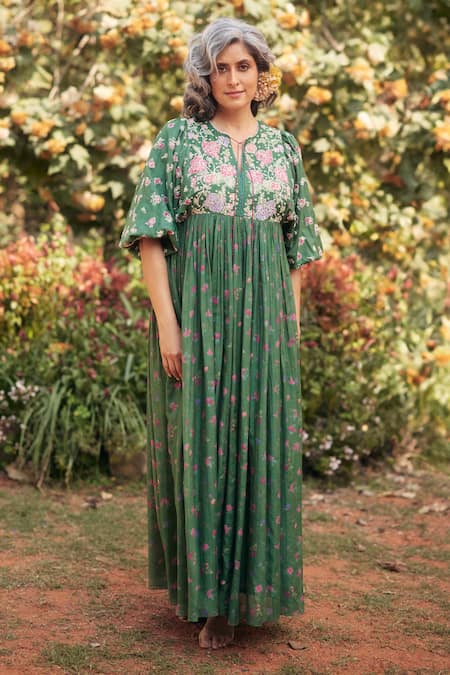 Buy_Paulmi And Harsh_Green Chanderi, Cotton Embroidery, Tassels, Floral Print Maxi Dress And Scarf Set _Online_at_Aza_Fashions