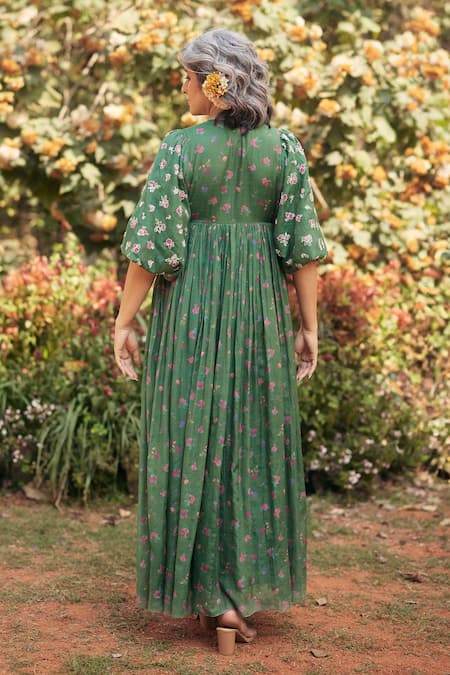 Shop_Paulmi And Harsh_Green Chanderi, Cotton Embroidery, Tassels, Floral Print Maxi Dress And Scarf Set _at_Aza_Fashions