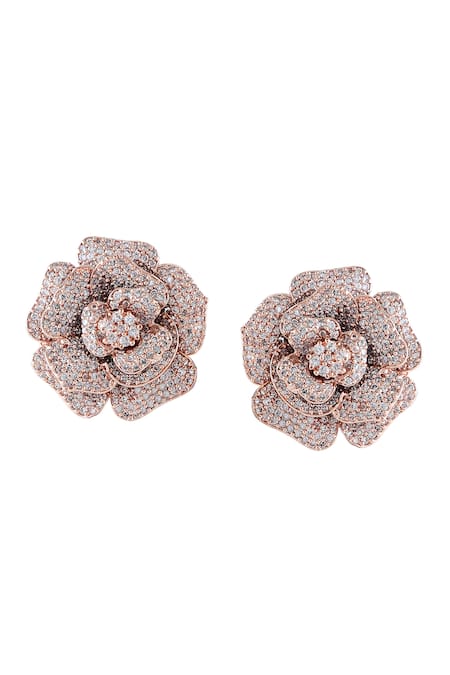 Shop Prihan Luxury Jewelry Rose Gold Crystals Floral Stud Earrings at Aza Fashions Shop_Prihan Luxury Jewelry_Rose Gold Crystals Floral Stud Earrings _at_Aza_Fashions