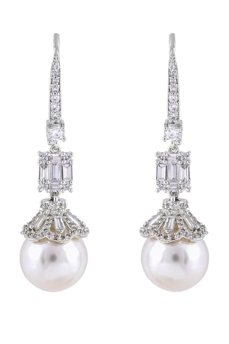 Prihan Luxury Jewelry Silver Plated Diamonds, Pearls Drop Danglers Online at Aza Fashions Prihan Luxury Jewelry_Silver Plated Diamonds, Pearls Drop Danglers _Online_at_Aza_Fashions