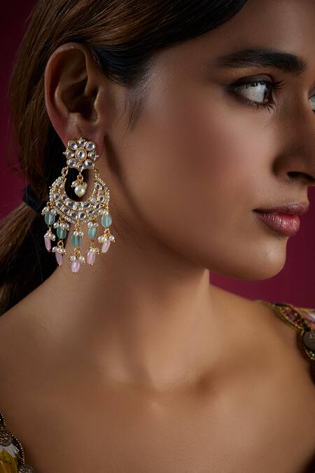 Prihan Luxury Jewelry Multi Color Kundan Chandbalis With Teal And Pink Drops Online at Aza Fashions Prihan Luxury Jewelry_Multi Color Kundan Chandbalis With Teal And Pink Drops _Online_at_Aza_Fashions