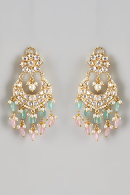 Shop Prihan Luxury Jewelry Multi Color Kundan Chandbalis With Teal And Pink Drops at Aza Fashions Shop_Prihan Luxury Jewelry_Multi Color Kundan Chandbalis With Teal And Pink Drops _at_Aza_Fashions