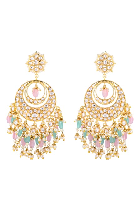 Prihan Luxury Jewelry Kundan Chandbalis with Teal & Pink Drops 