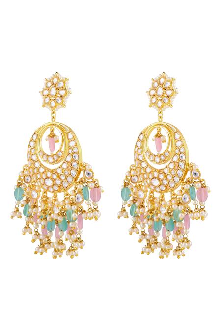 Prihan Luxury Jewelry Multi Color Crystals, Beads Kundan Chandbalis With Teal And Pink Drops Online at Aza Fashions Prihan Luxury Jewelry_Multi Color Crystals, Beads Kundan Chandbalis With Teal And Pink Drops _Online_at_Aza_Fashions