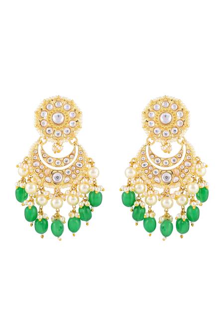 Prihan Luxury Jewelry Gold Plated Crystals, Pearls, Stones Kundan Chandbalis With Emerald Drops Online at Aza Fashions Prihan Luxury Jewelry_Gold Plated Crystals, Pearls, Stones Kundan Chandbalis With Emerald Drops _Online_at_Aza_Fashions