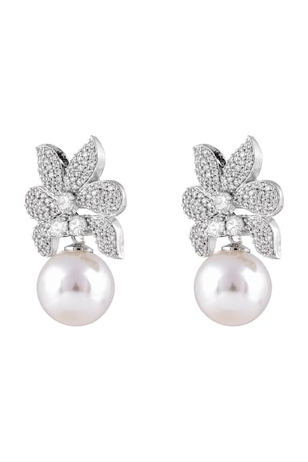 Prihan Luxury Jewelry Silver Plated Diamonds, Pearls Drop Earrings Online at Aza Fashions Prihan Luxury Jewelry_Silver Plated Diamonds, Pearls Drop Earrings _Online_at_Aza_Fashions