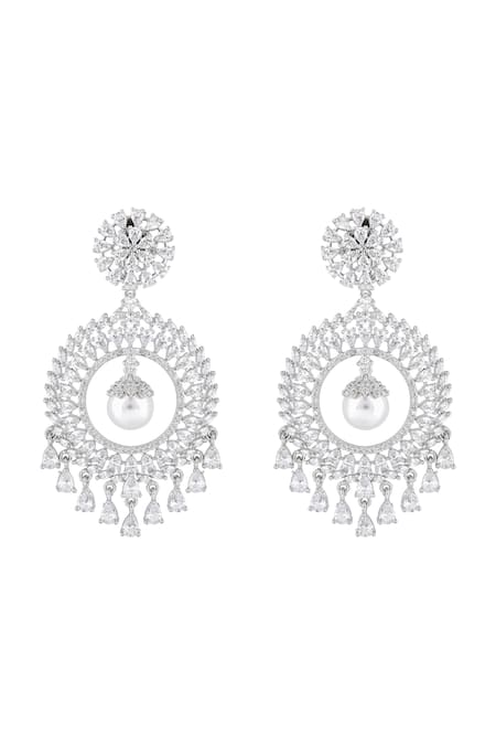 Prihan Luxury Jewelry_Silver Plated Diamonds, Pearls Chandbalis With Drop _Online_at_Aza_Fashions
