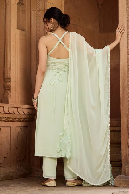 Shop SAANJH BY LEA Mint Cotton, Chiffon Embroidery Square Neck Green Kurta Set at Aza Fashions Shop_SAANJH BY LEA_Mint Cotton, Chiffon Embroidery Square Neck Green Kurta Set_at_Aza_Fashions