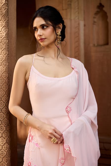 SAANJH BY LEA Pink Polyester, Georgette Embroidery, Pearls Round Baby Kurta Set With Dupatta Online at Aza Fashions SAANJH BY LEA_Pink Polyester, Georgette Embroidery, Pearls Round Baby Kurta Set With Dupatta _Online_at_Aza_Fashions