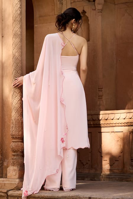 Shop SAANJH BY LEA Pink Polyester, Georgette Embroidery, Pearls Round Baby Kurta Set With Dupatta at Aza Fashions Shop_SAANJH BY LEA_Pink Polyester, Georgette Embroidery, Pearls Round Baby Kurta Set With Dupatta _at_Aza_Fashions