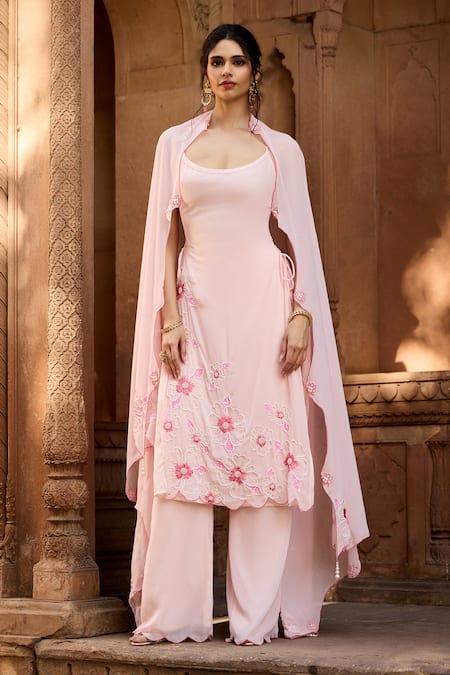 Shop SAANJH BY LEA Pink Polyester, Georgette Embroidery, Pearls Round Baby Kurta Set With Dupatta Online at Aza Fashions Shop_SAANJH BY LEA_Pink Polyester, Georgette Embroidery, Pearls Round Baby Kurta Set With Dupatta _Online_at_Aza_Fashions