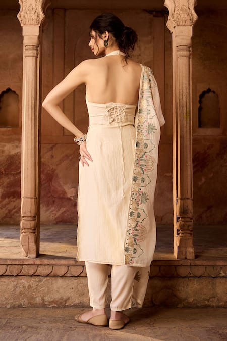 Shop SAANJH BY LEA Off White Cotton Embroidery Halter Neck Kurta Set at Aza Fashions Shop_SAANJH BY LEA_Off White Cotton Embroidery Halter Neck Kurta Set _at_Aza_Fashions