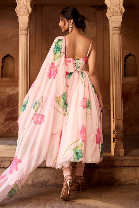 Shop SAANJH BY LEA Pink Georgette, Jersey Embroidery Sweetheart Neck Floral Printed Anarkali Set at Aza Fashions Shop_SAANJH BY LEA_Pink Georgette, Jersey Embroidery Sweetheart Neck Floral Printed Anarkali Set _at_Aza_Fashions