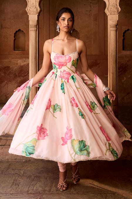 Shop SAANJH BY LEA Pink Georgette, Jersey Embroidery Sweetheart Neck Floral Printed Anarkali Set Online at Aza Fashions Shop_SAANJH BY LEA_Pink Georgette, Jersey Embroidery Sweetheart Neck Floral Printed Anarkali Set _Online_at_Aza_Fashions