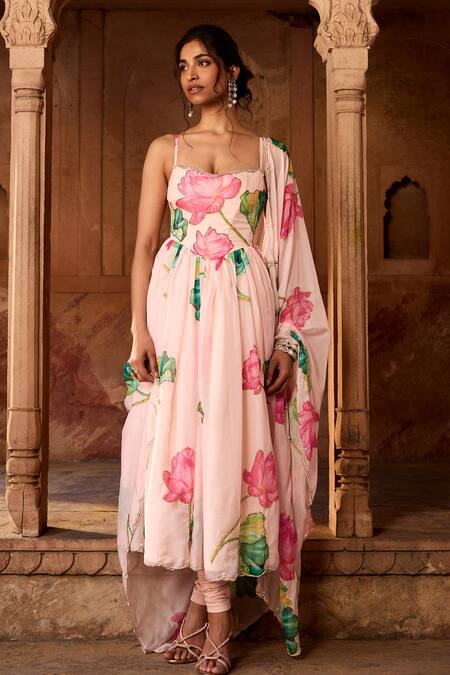 SAANJH BY LEA Pink Georgette, Jersey Embroidery Sweetheart Neck Floral Printed Anarkali Set at Aza Fashions SAANJH BY LEA_Pink Georgette, Jersey Embroidery Sweetheart Neck Floral Printed Anarkali Set _at_Aza_Fashions